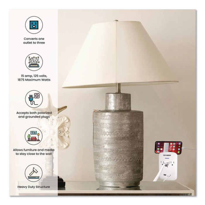 3 Outlet 2 USB Wall Tap, 735 J, White