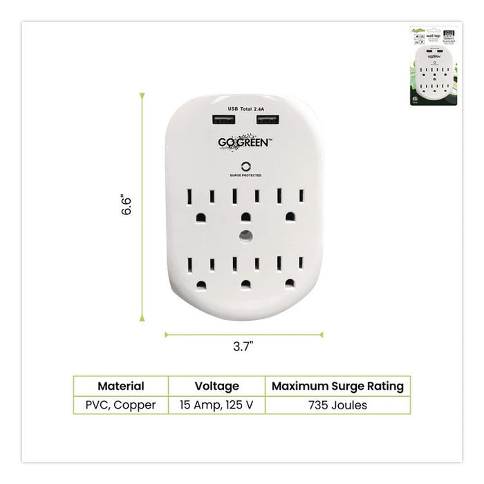 6 Outlet 4 USB Wall Tap, 735 J, White