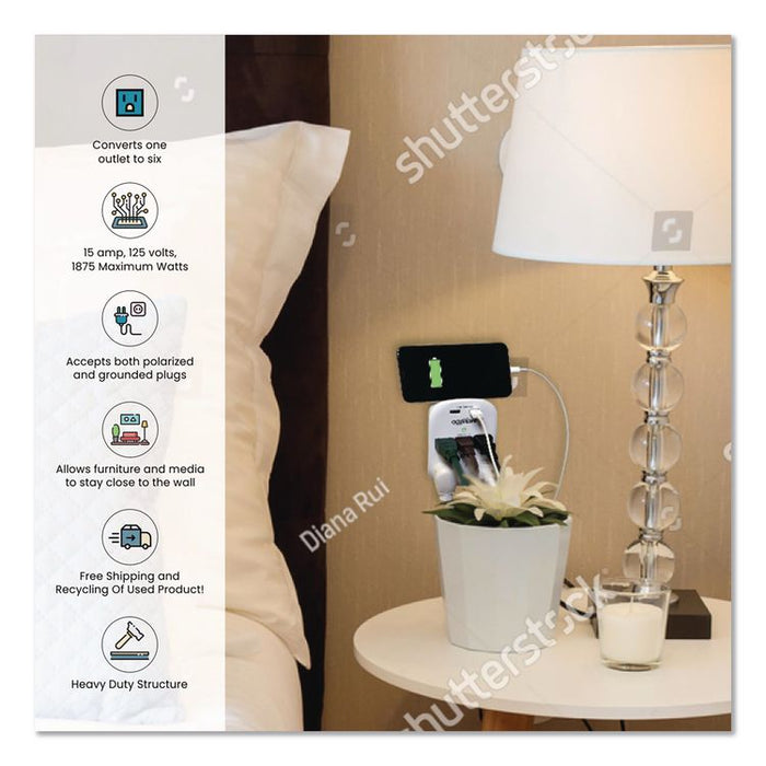 6 Outlet 4 USB Wall Tap, 735 J, White