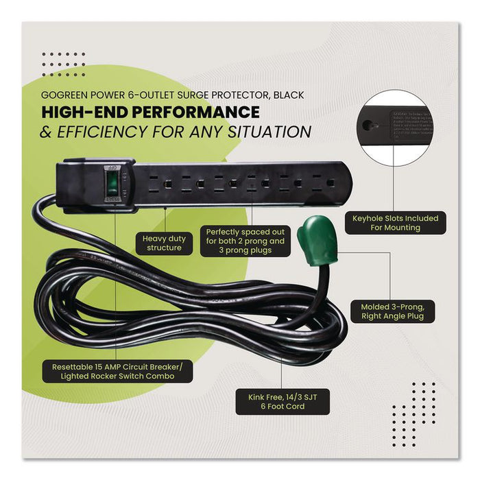 6 Outlet Surge Protector, 6 ft Cord, 250 J, Black