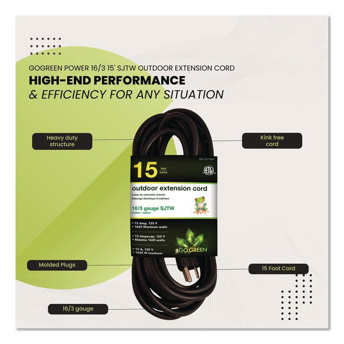 16 AWG Outdoor Extension Cord, 15 ft, 13 A, Black