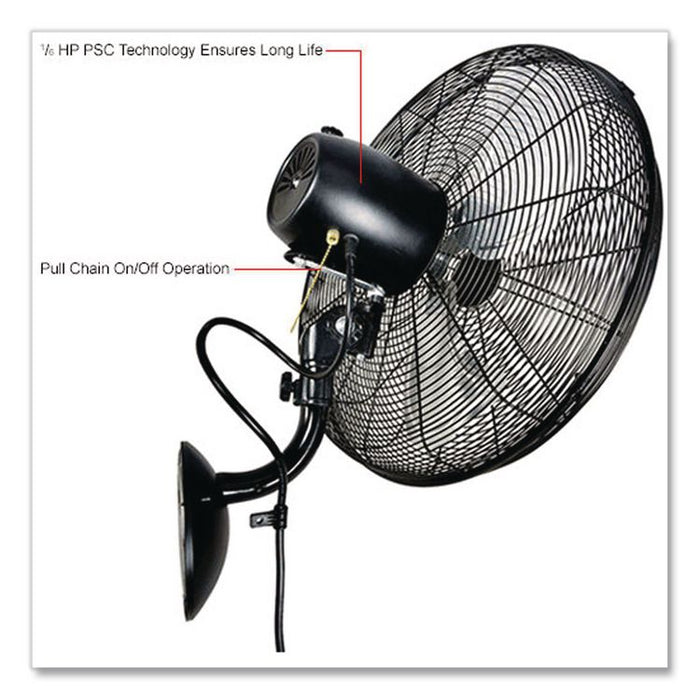 Industrial Wall Mounted Oscillating Fan, 18", 3 Speeds, Black