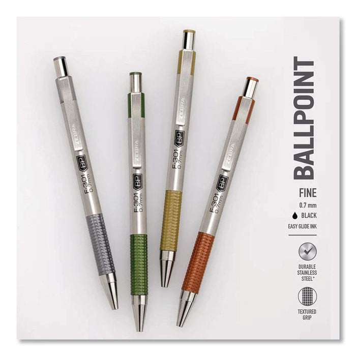F-301 Signature Series Earthy Tones Ballpoint Pen, Retractable, Fine 0.7 mm, Black Ink, Pewter Barrel, 4/Pack