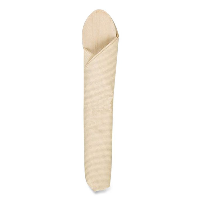 Pre-Rolled Caterwrap Kraft Napkins with Wood Cutlery, Fork/Knife/Napkin/Spoon, Plastic, Brown, 100/Carton