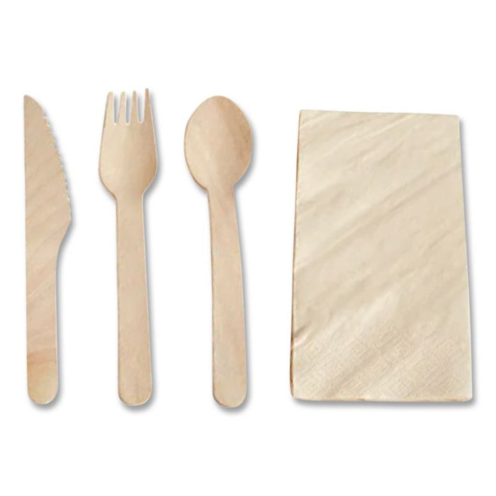 Pre-Rolled Caterwrap Kraft Napkins with Wood Cutlery, Fork/Knife/Napkin/Spoon, Plastic, Brown, 100/Carton