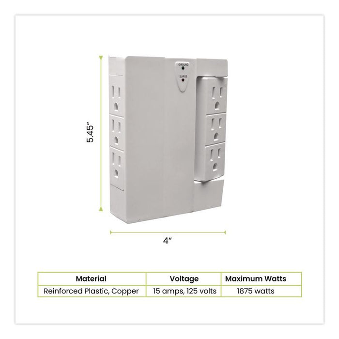 6 Outlet Swivel Wall Tap with Surge Protection, 1,000 J, White