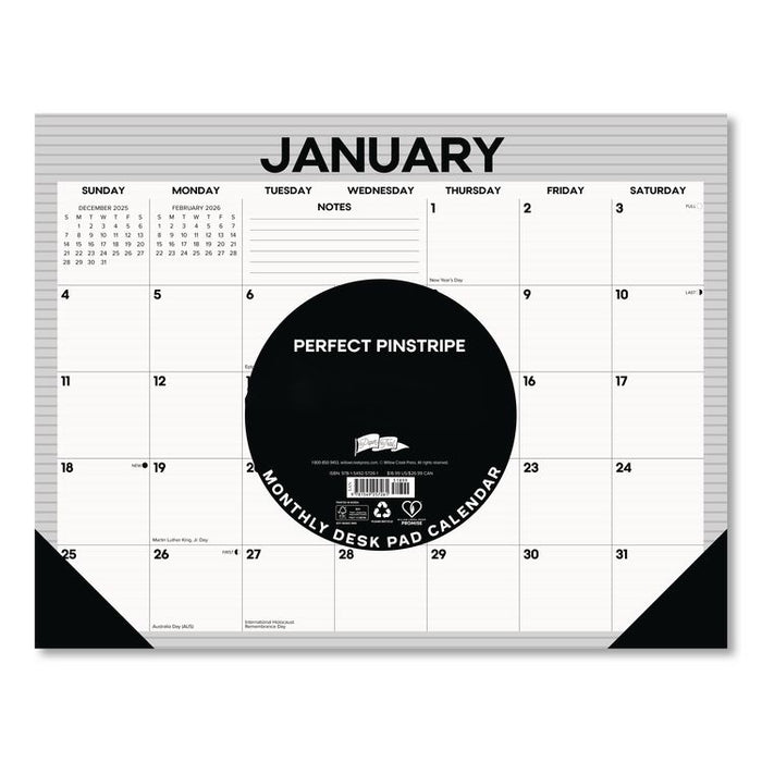 Perfect Pinstripe Large Monthly Desk Pad Calendar, 22x17, White/Gray Sheets, Black Headband/Corners, 12-Month (Jan-Dec) 2026