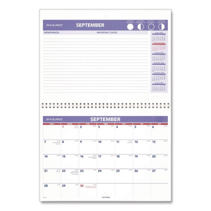 Academic Monthly Wall Calendar, 11 x 8, White/Purple/Red Sheets, 16-Month (Sept to Dec): 2025 to 2026