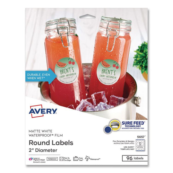 Waterproof Round Labels with Sure Feed Technology, Laser/Pigment-Based Inkjet, 2" dia, Matte White, 12/Sheet, 8 Sheets/Pack