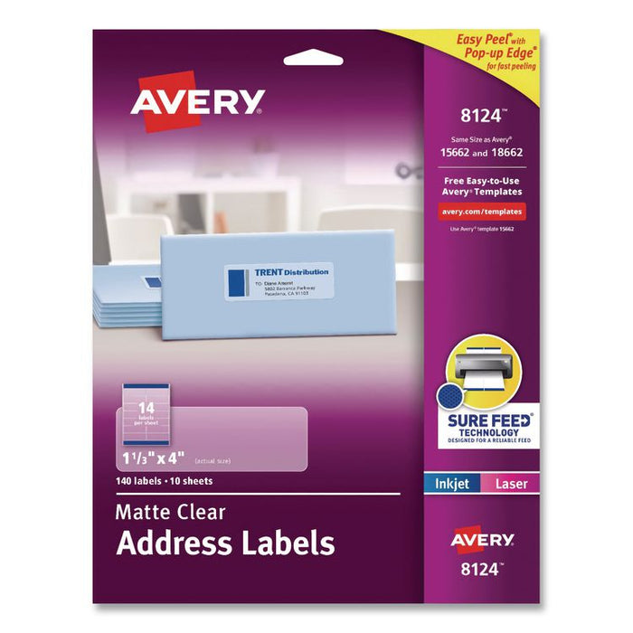 Matte Clear Address Labels with Sure Feed Technology, Inkjet/Laser, 1.33 x 4, 14/Sheet, 10 Sheets/Pack