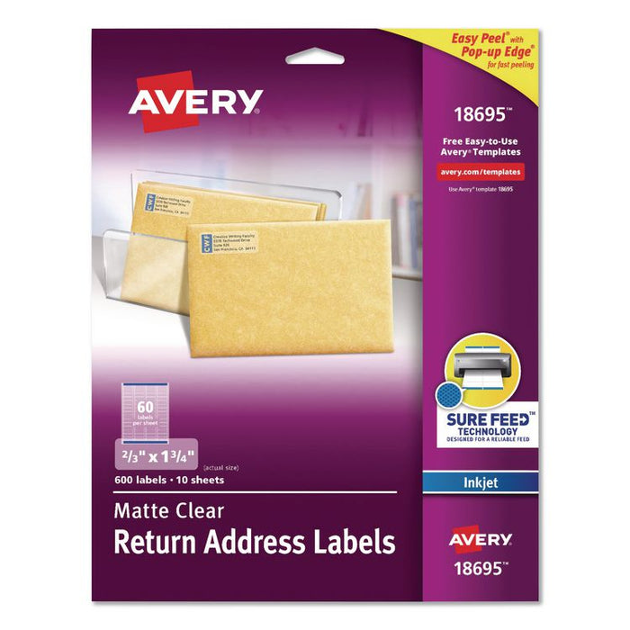 Easy Peel Return Address Labels with Sure Feed Technology, Inkjet, 0.66 x 1.75, Matte Clear, 60/Sheet, 10 Sheets/Pack
