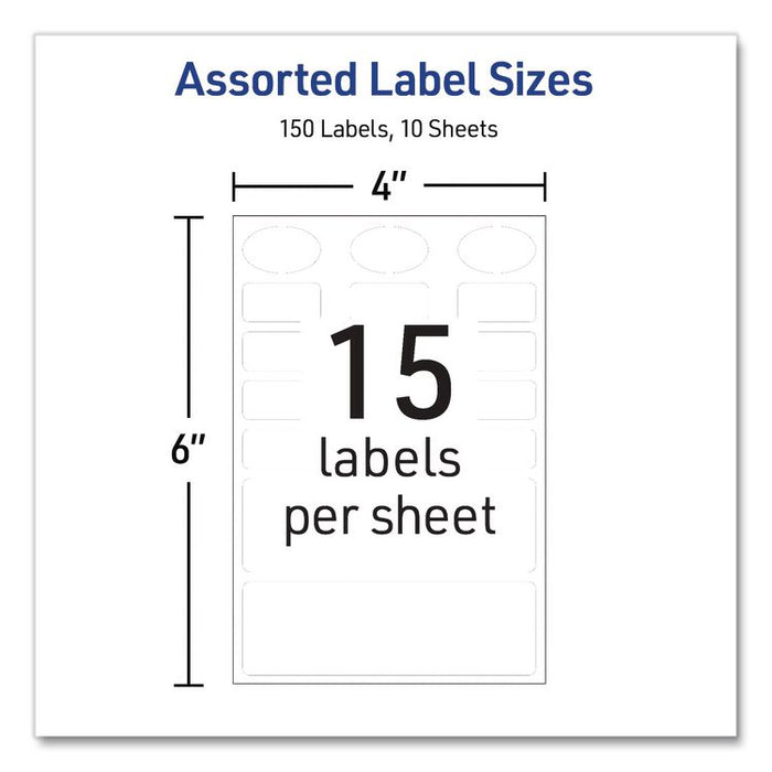 No-Iron Fabric Labels, Handwrite Only, Assorted Shapes and Sizes, White, 15/Sheet, 10 Sheets/Pack