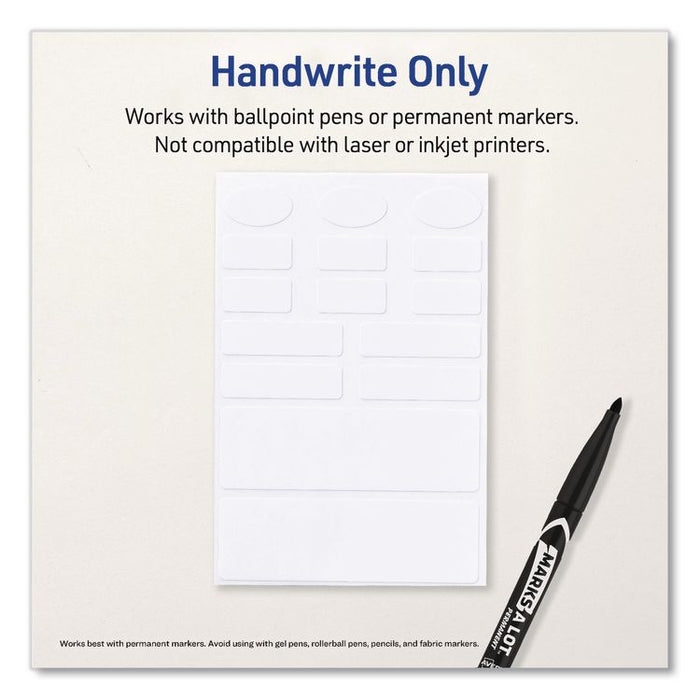 No-Iron Fabric Labels, Handwrite Only, Assorted Shapes and Sizes, White, 15/Sheet, 10 Sheets/Pack