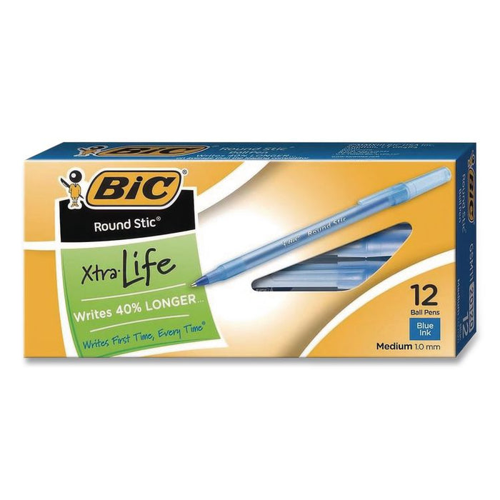 Round Stic Xtra Life Ballpoint Pen, Stick, Medium 1 mm, Blue Ink, Translucent Blue Barrel, 12/Box, 36 Boxes/Carton