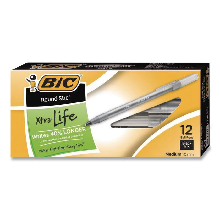 Round Stic Grip Xtra Comfort Ballpoint Pen, Easy-Glide System, Stick, Medium 1.2 mm, Black Ink, Silver-Gray Barrel, Dozen