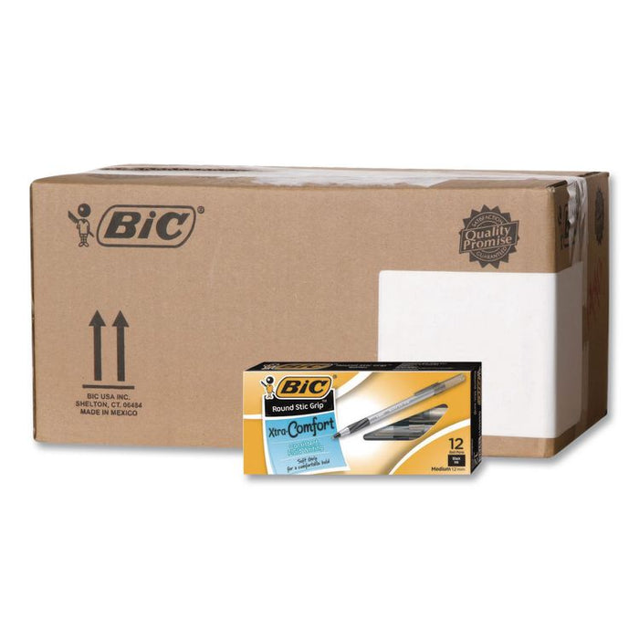 Round Stic Grip Xtra Comfort Ballpoint Pen, Easy-Glide System, Stick, Medium 1.2 mm, Black Ink, Silver-Gray Barrel, Dozen