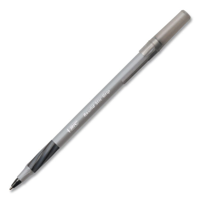 Round Stic Grip Xtra Comfort Ballpoint Pen, Easy-Glide System, Stick, Medium 1.2 mm, Black Ink, Silver-Gray Barrel, Dozen