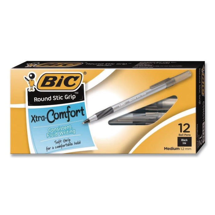 Round Stic Grip Xtra Comfort Ballpoint Pen, Easy-Glide System, Stick, Medium 1.2 mm, Black Ink, Silver-Gray Barrel, Dozen
