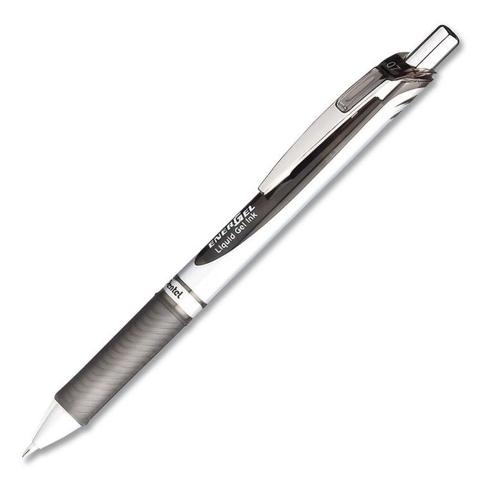 EnerGel RTX Deluxe Gel Pen, Retractable, Medium 0.7 mm, Black Ink, Silver/Black Barrel, Dozen