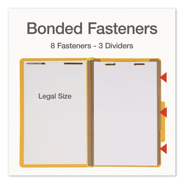 Heavy-Duty Pressboard Classification Folder, 2/5-Cut Tab, Expands 3", 3 Dividers, 8 Fasteners, Legal Size, Yellow, 10/Box