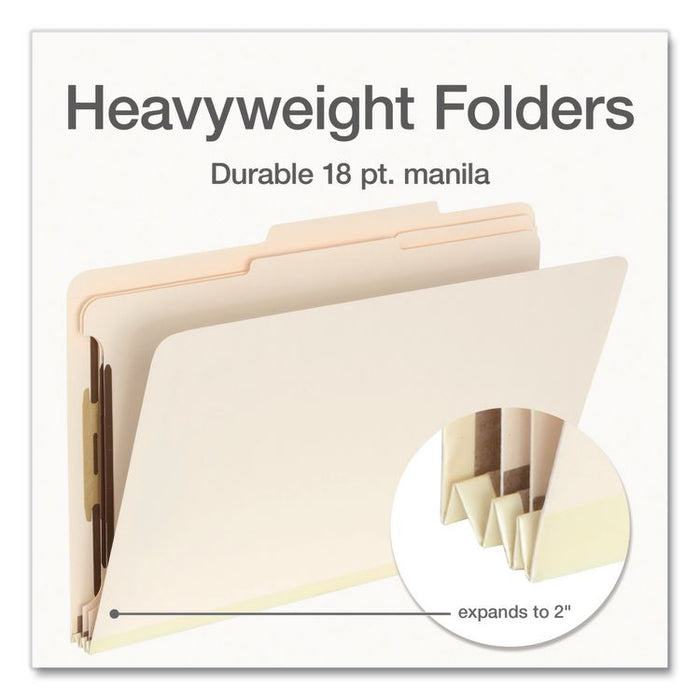 Heavy-Duty Pressboard Classification Folder, 2/5-Cut Tab, Expands 2", 2 Dividers, 6 Fasteners, Legal Size, Manila, 10/Box