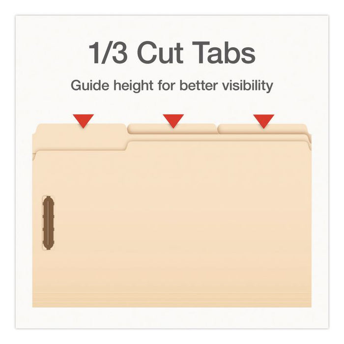 Manila Fastener Folders, 1/3-Cut Tab: Assorted, Expands 0.75", 2 Fasteners, Legal Size, Manila, 50/Box