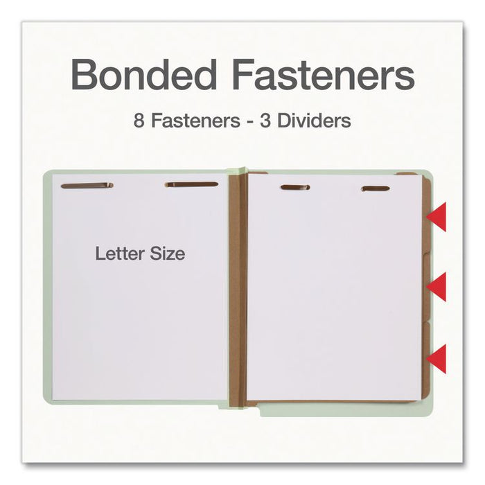 Heavy-Duty Pressboard End Tab Classification Folders, 3 Dividers, 8 Fasteners, Letter Size, Light Green, 10/Box