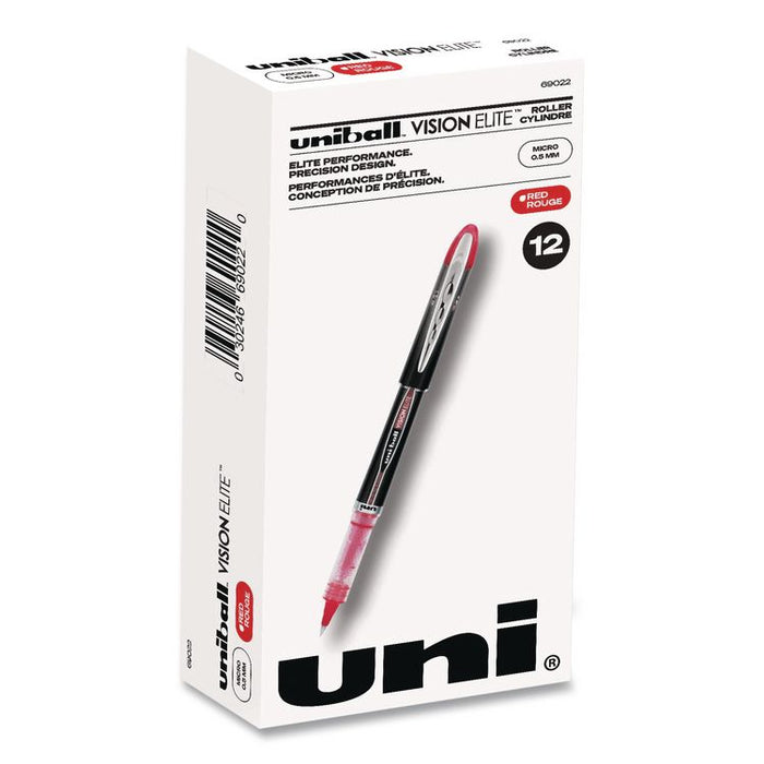 VISION ELITE Rollerball Pen, Stick, Micro 0.5 mm, Red Ink, Black/Red/Clear Barrel, Dozen