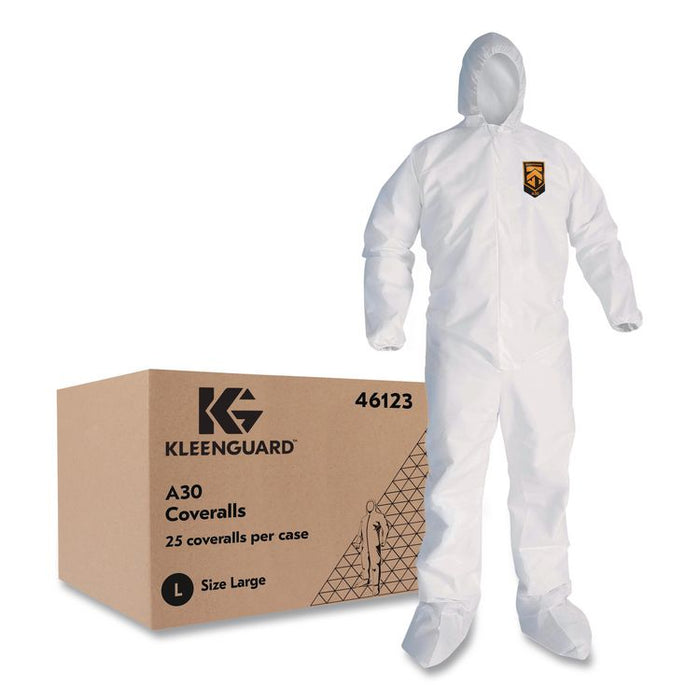 KleenGuard A30 Coveralls, Elastic Wrists, Ankles, Back, Hood and Non-Skid Boots, Large, White, 25/Carton