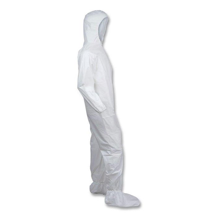 KleenGuard A30 Coveralls, Elastic Wrists, Ankles, Back, Hood and Non-Skid Boots, Large, White, 25/Carton