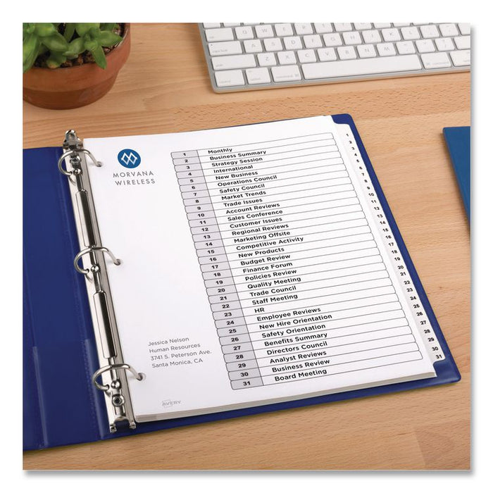 Customizable Table of Contents Ready Index Black and White Dividers, 31-Tab, 1 to 31, 11 x 8.5, White, 6 Sets