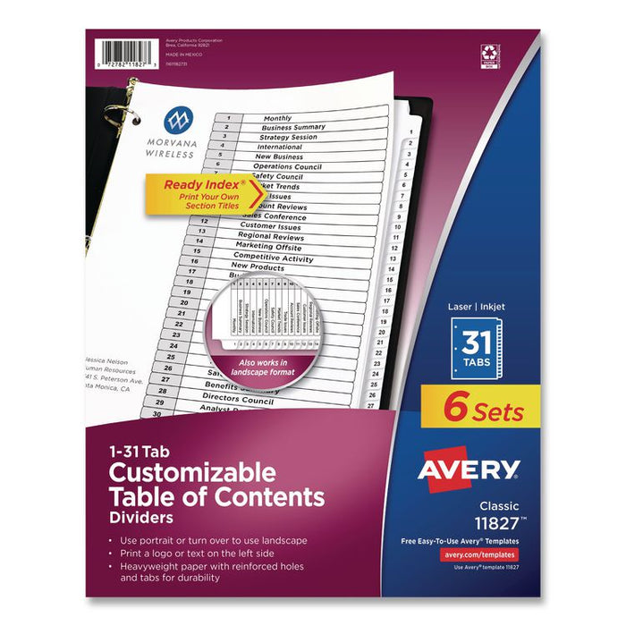 Customizable Table of Contents Ready Index Black and White Dividers, 31-Tab, 1 to 31, 11 x 8.5, White, 6 Sets