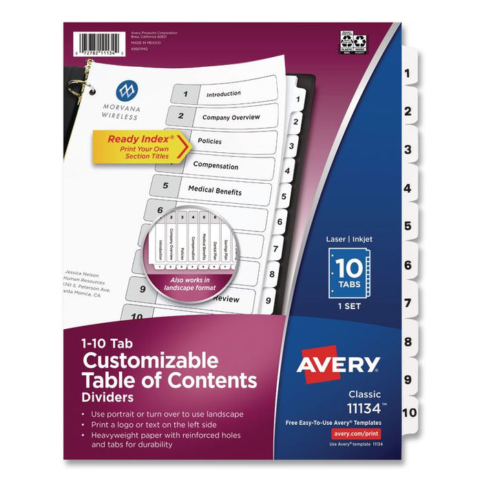 Customizable TOC Ready Index Black and White Dividers, 10-Tab, 1 to 10, 11 x 8.5, 1 Set