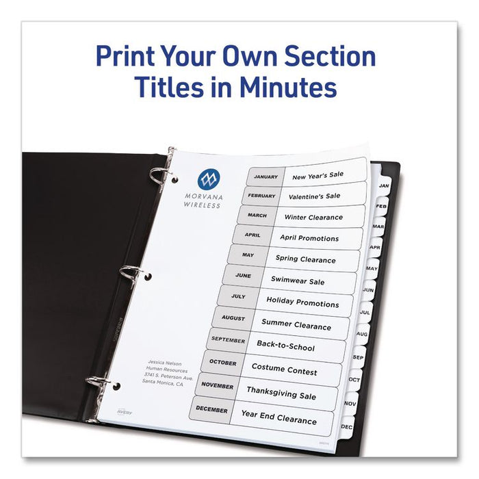 Customizable Table of Contents Ready Index Black and White Dividers, 12-Tab, Jan. to Dec., 11 x 8.5, White, 6 Sets