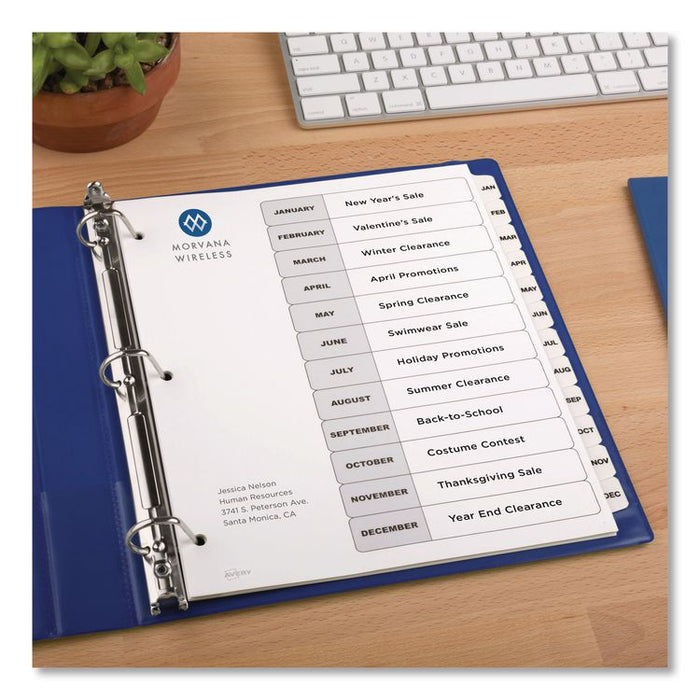 Customizable Table of Contents Ready Index Black and White Dividers, 12-Tab, Jan. to Dec., 11 x 8.5, White, 6 Sets