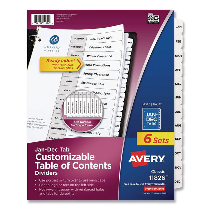 Customizable Table of Contents Ready Index Black and White Dividers, 12-Tab, Jan. to Dec., 11 x 8.5, White, 6 Sets
