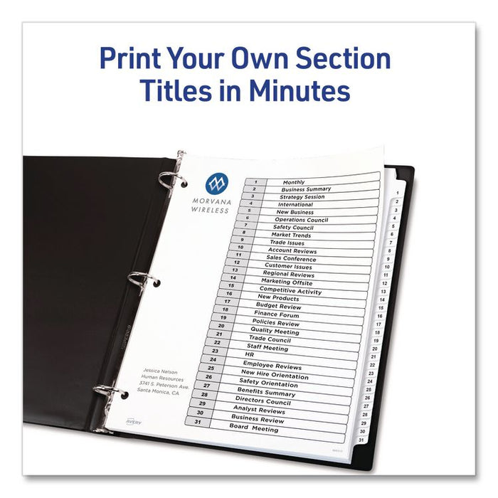 Customizable Table of Contents Ready Index Black and White Dividers, 31-Tab, 1 to 31, 11 x 8.5, White, 6 Sets