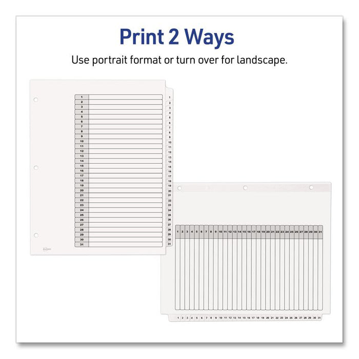 Customizable Table of Contents Ready Index Black and White Dividers, 31-Tab, 1 to 31, 11 x 8.5, White, 6 Sets