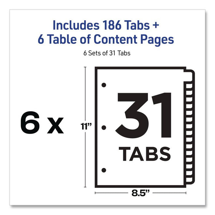 Customizable Table of Contents Ready Index Black and White Dividers, 31-Tab, 1 to 31, 11 x 8.5, White, 6 Sets