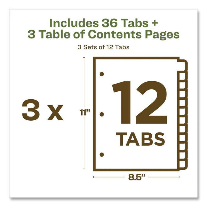 Customizable Table of Contents Ready Index Dividers with Multicolor Tabs, 12-Tab, 1 to 12, 11 x 8.5, White, 3 Sets