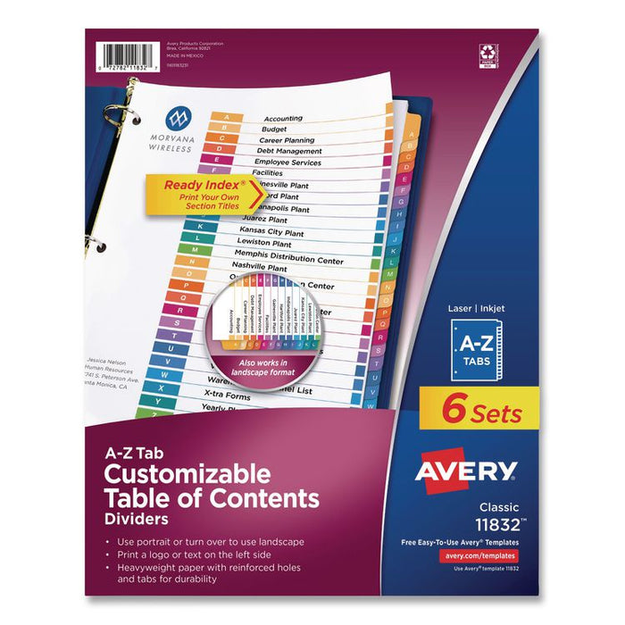 Customizable Table of Contents Ready Index Multicolor Dividers, 26-Tab, A to Z, 11 x 8.5, White, 6 Sets