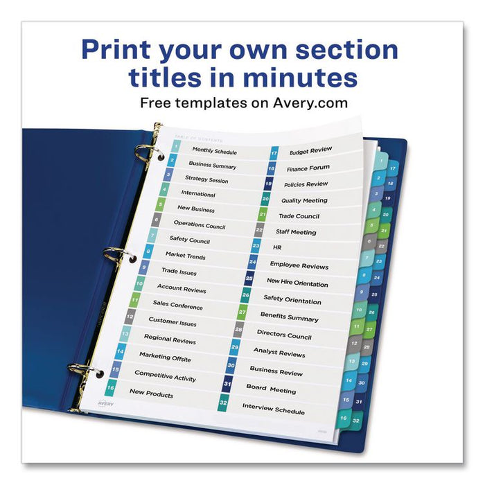 Customizable TOC Ready Index Double Column Multicolor Tab Dividers, 32-Tab, 1 to 32, 11 x 8.5, White, 1 Set