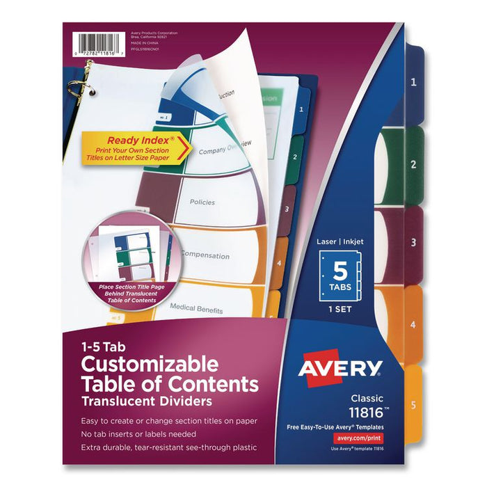 Customizable Table of Contents Ready Index Dividers with Multicolor Tabs, 5-Tab, 1 to 5, 11 x 8.5, Translucent, 1 Set