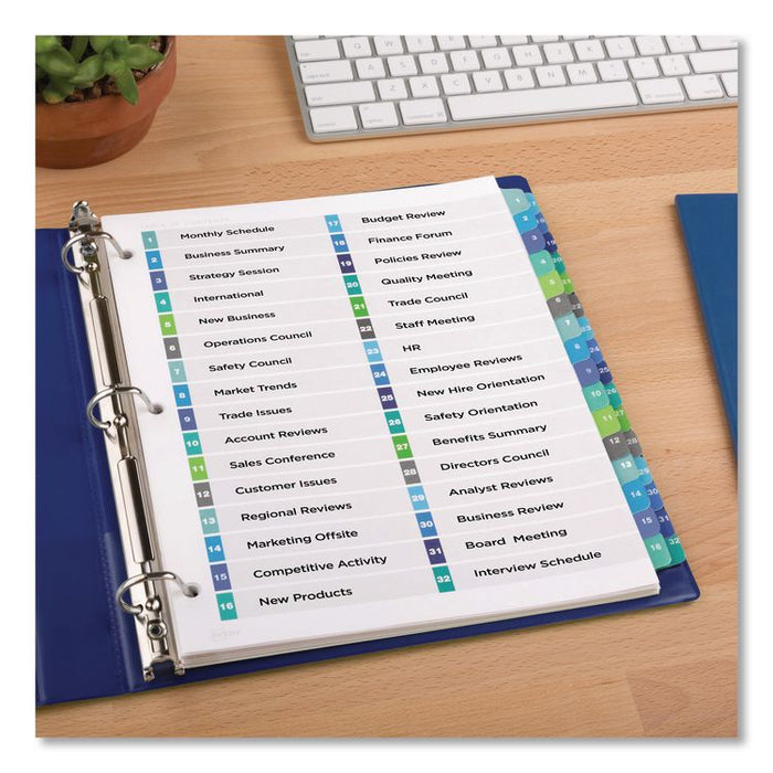 Customizable TOC Ready Index Double Column Multicolor Tab Dividers, 32-Tab, 1 to 32, 11 x 8.5, White, 1 Set
