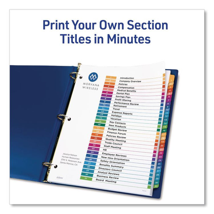 Customizable Table of Contents Ready Index Multicolor Dividers, 31-Tab, 1 to 31, 11 x 8.5, White, 6 Sets