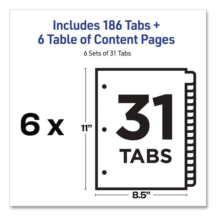 Customizable Table of Contents Ready Index Multicolor Dividers, 31-Tab, 1 to 31, 11 x 8.5, White, 6 Sets
