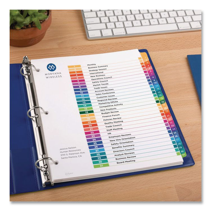 Customizable Table of Contents Ready Index Multicolor Dividers, 31-Tab, 1 to 31, 11 x 8.5, White, 6 Sets