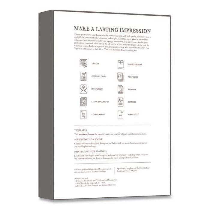 100% Cotton Business Paper, 95 Bright, 32 lb Bond Weight, 8.5 x 11, White, 250/Pack