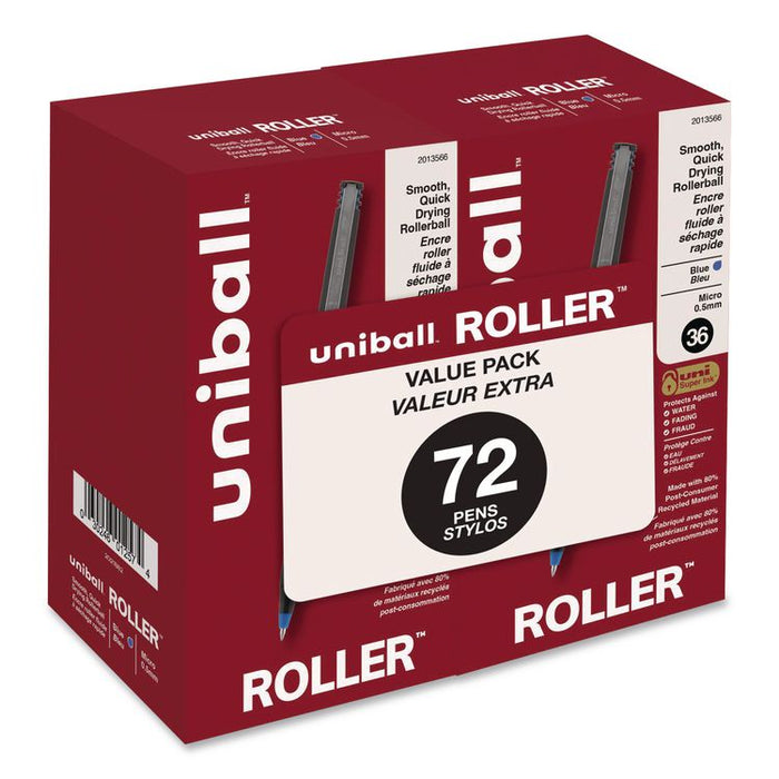 Rollerball Pen, Stick, Micro 0.5 mm, Blue Ink, Black/Blue Barrel, 72/Pack
