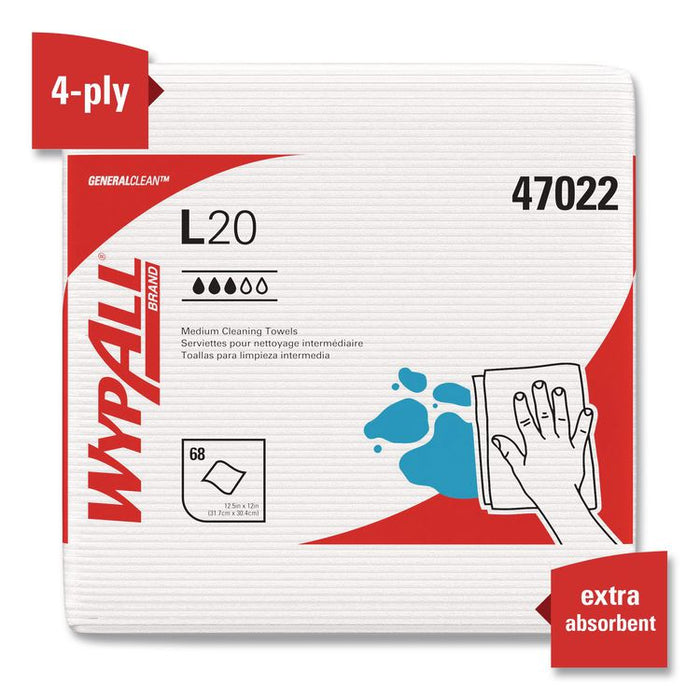 L20 Towels, 1/4 Fold, 4-Ply, 12.5 x 12 Unscented, White, 68/Pack, 12 Packs/Carton